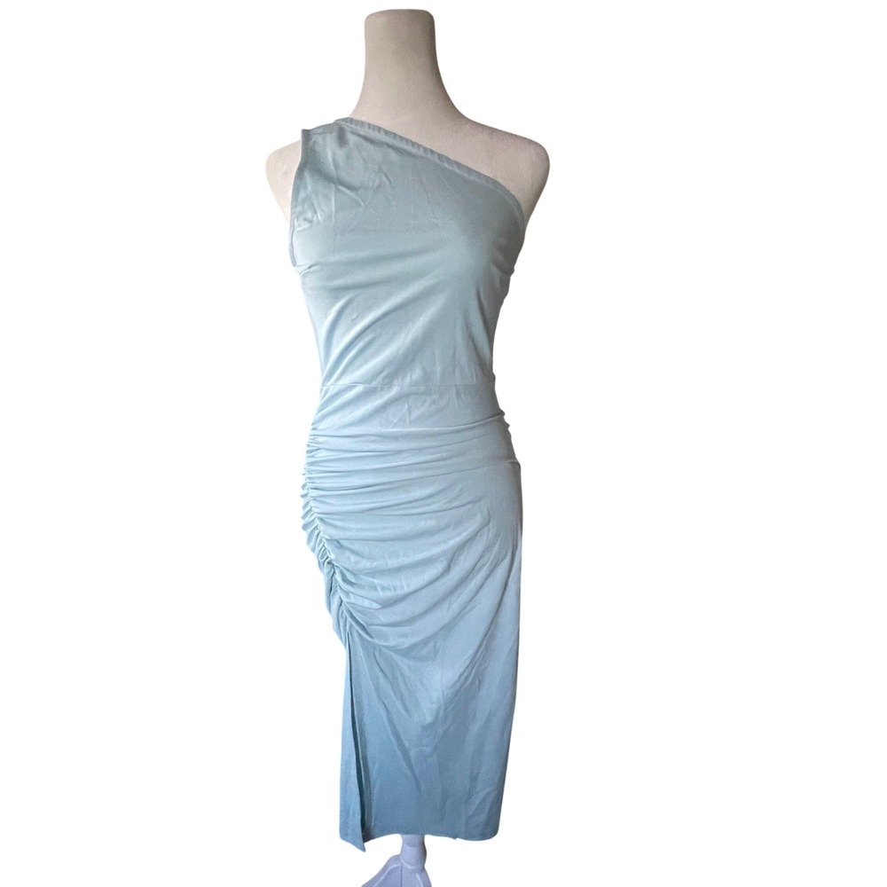 Sarin Mathews Womens Fairy One Shoulder Ruched Midi Dress Small Blue Homecoming